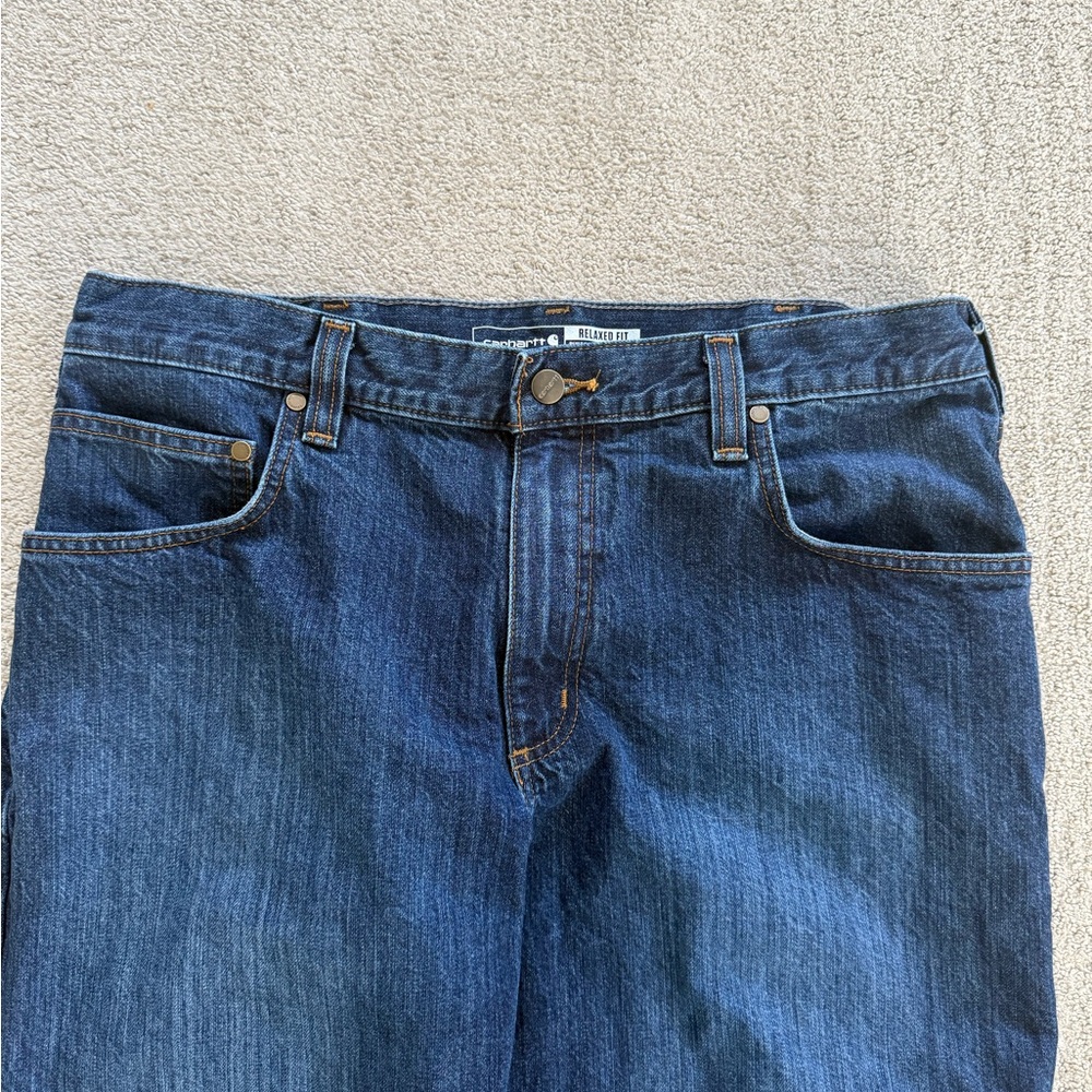 Carhartt Relaxed Fit Jeans Mens 36x32 Dark Wash Blue Denim Workwear Straight Leg - Picture 6 of 12